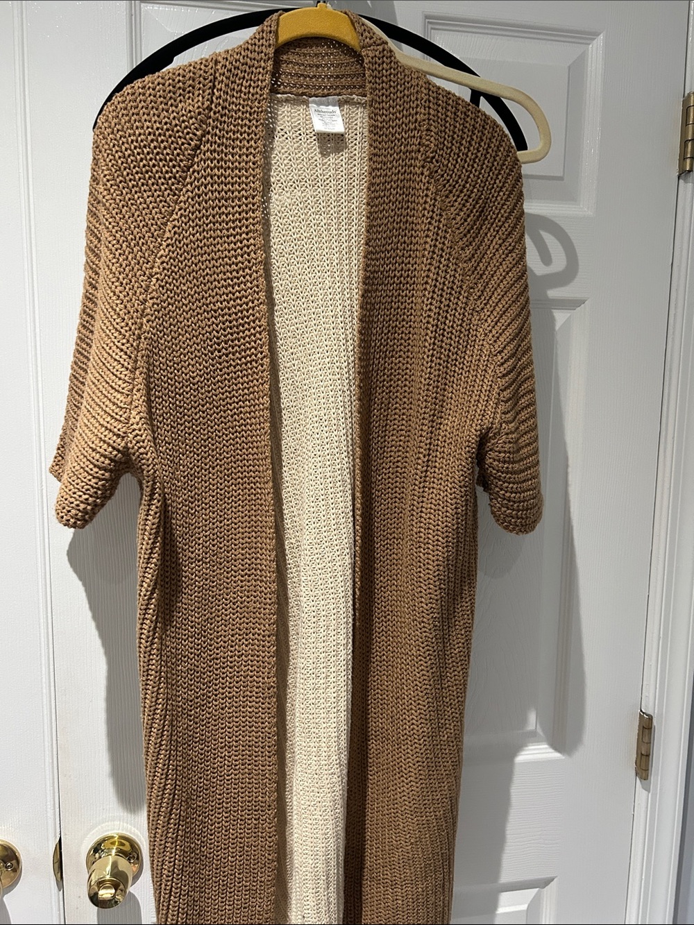 Open-Front Short-Sleeve Knit Cardigan Sweater - Camel